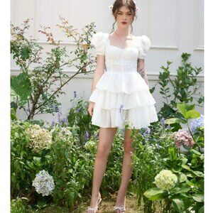 Tiffany Studio White Dose Ruffle Eyelet Lace Bow Mini Dress Sz XXS